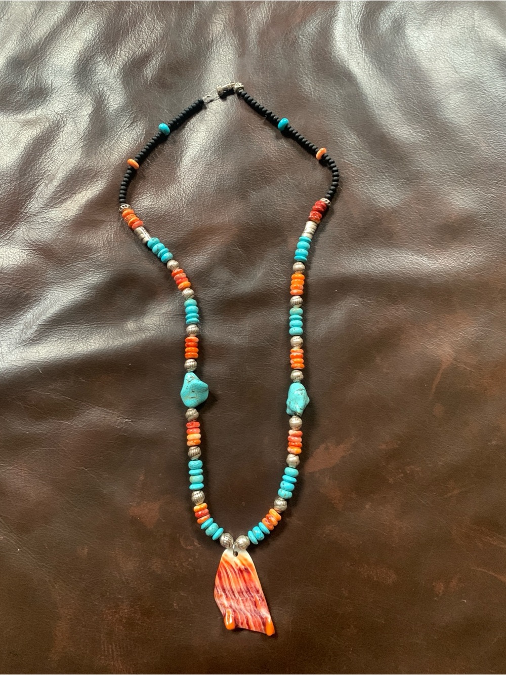 Turquoise & Spiny Oyster Beaded Necklace with Turquoise Pendant -Women Jewelry